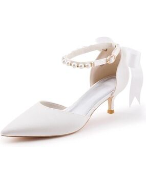 White Pearl-Ankle Strap Kitten Heel Pumps, 9, NWT